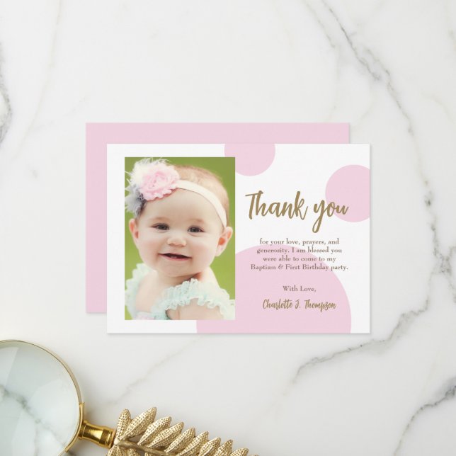 Modern Pink Dots Gold First birthday baptism photo Dankeskarte (Vorderseite/Rückseite Beispiel)