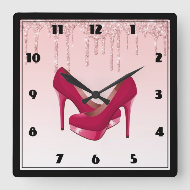 Modern Pink Dripping Glitter & High Heels Quadratische Wanduhr (Vorderseite)