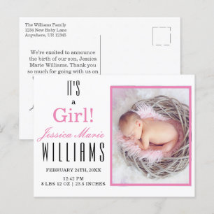 Modern Pink Es ist ein Mädchen! Baby Birth Announc Postkarte