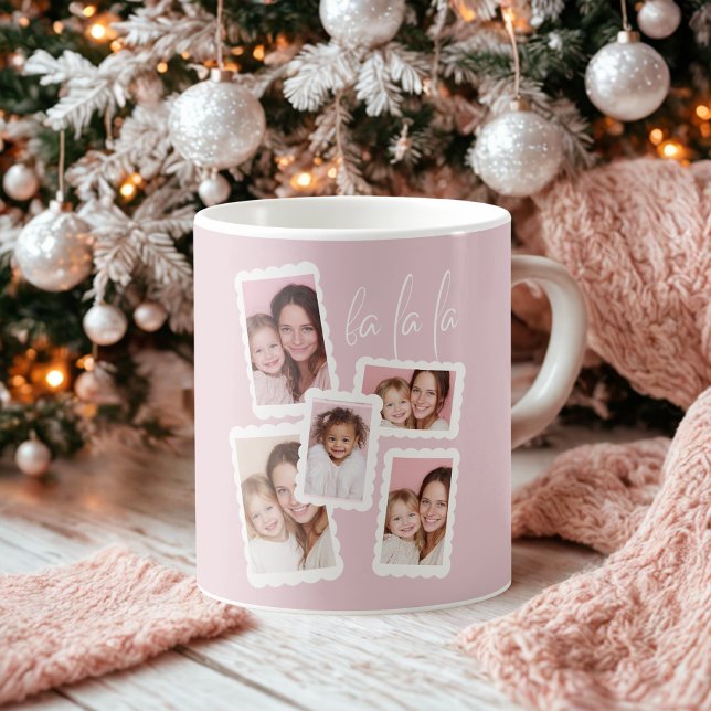 Modern Pink “Fa La La” Multi Photo Christmas  Kaffeetasse (Von Creator hochgeladen)