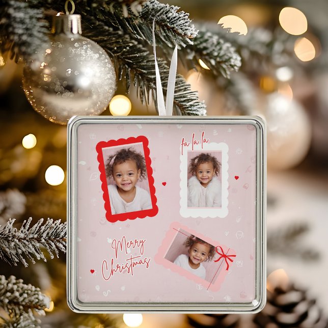 Modern Pink “Fa La La” Multi Photo Christmas Ornament Aus Metall (Von Creator hochgeladen)