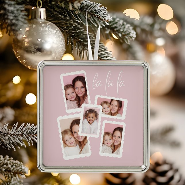 Modern Pink “Fa La La” Multi Photo Christmas Ornament Aus Metall (Von Creator hochgeladen)