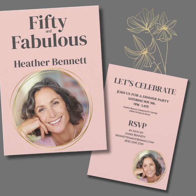 Modern Pink Fifty and Fabulous Photo Birthday Einladung (Von Creator hochgeladen)