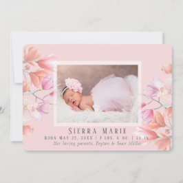 Modern Pink Floral Baby Girl Foto Birth Ankündigung