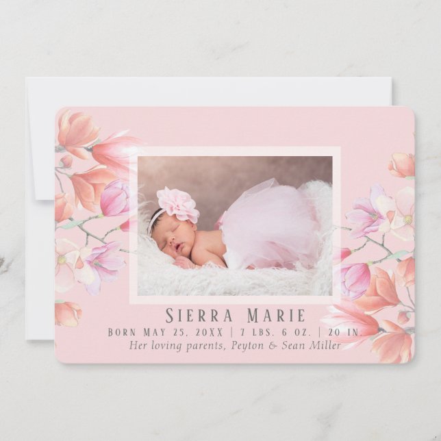 Modern Pink Floral Baby Girl Foto Birth Ankündigung (Vorderseite)