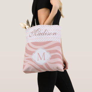 Modern Pink Geometric Zebra Trendy Monogram Tasche