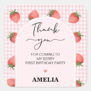 Modern Pink Gingham Berry Sweet 1. Geburtstag Quadratischer Aufkleber
