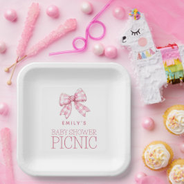 Modern Pink Gingham Bow Name Baby Shower Picnic Pappteller