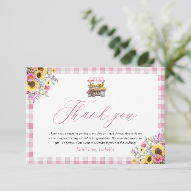 Modern Pink Gingham Fresh Off Market Vielen Dank Dankeskarte (Stehend Vorderseite)