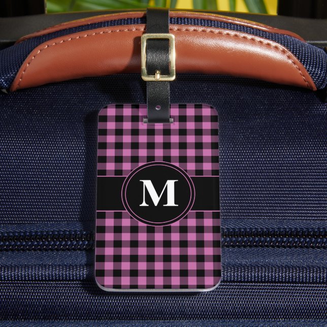 Modern Pink Gingham Monogram Gepäckanhänger (Vorderseite Insitu 2)