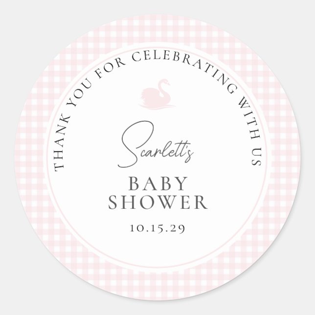 Modern Pink Gingham Swan Baby Dusche Vielen Dank Runder Aufkleber (Vorderseite)