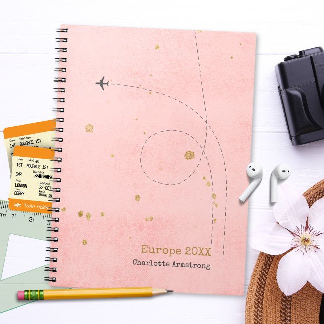 Modern Pink Gold Avion Nom Journal de voyage (Modern Pink Gold Airplane Name Travel Diary Notebook ©Susanne Sachers - Sunny Wanderlust 🌞✈️)