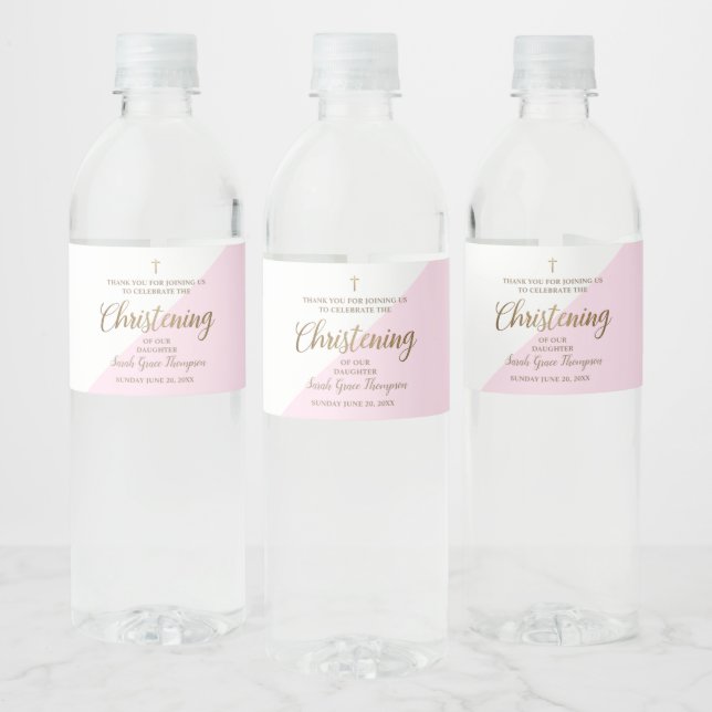 Modern Pink Gold Christening Script Vielen Dank (Flaschen)