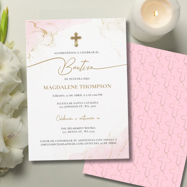 Modern Pink Gold Cross Girl Baptism Bautizo Einladung (Von Creator hochgeladen)