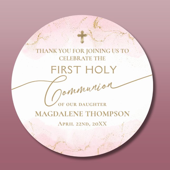 Modern Pink Gold Cross Girl Erste Heilige Kommune Runder Aufkleber (Von Creator hochgeladen)