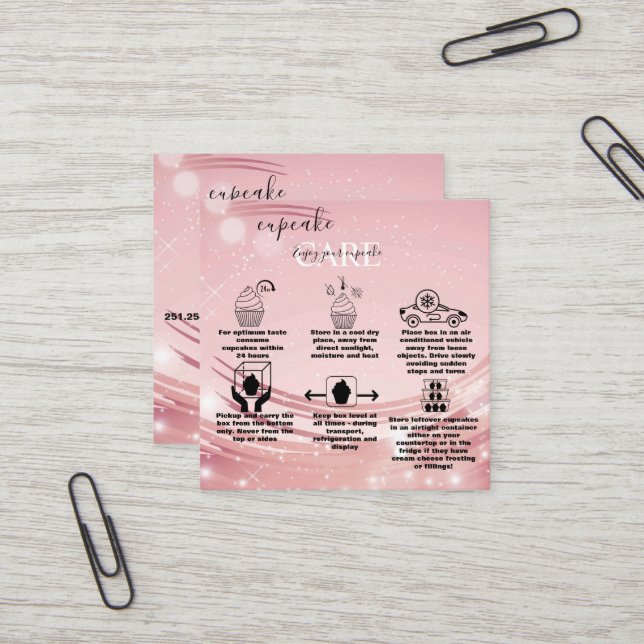 Modern Pink Gold Cupcake Care Square Bu Quadratische Visitenkarte (Vorderseite/Rückseite Beispiel)