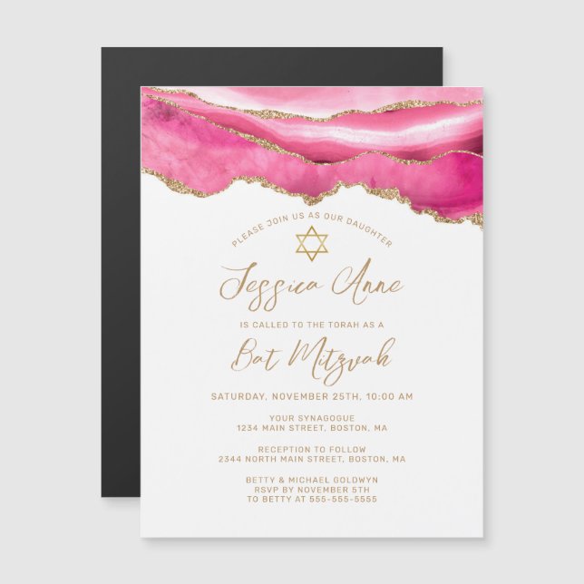 Modern Pink Gold Glitzer Agate Bat Mitzvah Einladu Magnetkarte (Vorne/Hinten)