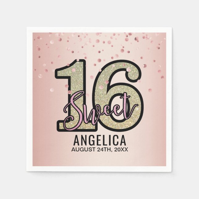 Modern Pink Gold Glitzer Sweet 16 Sechzehn Geburts Serviette (Vorderseite)
