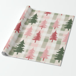 Modern Pink & Green Pine Tree Plaid Christmas  Geschenkpapier