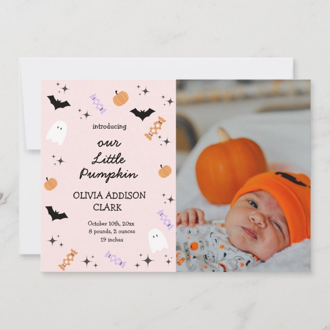 Modern Pink Halloween Little Pumpkin Birth Ankündigung (Vorderseite)