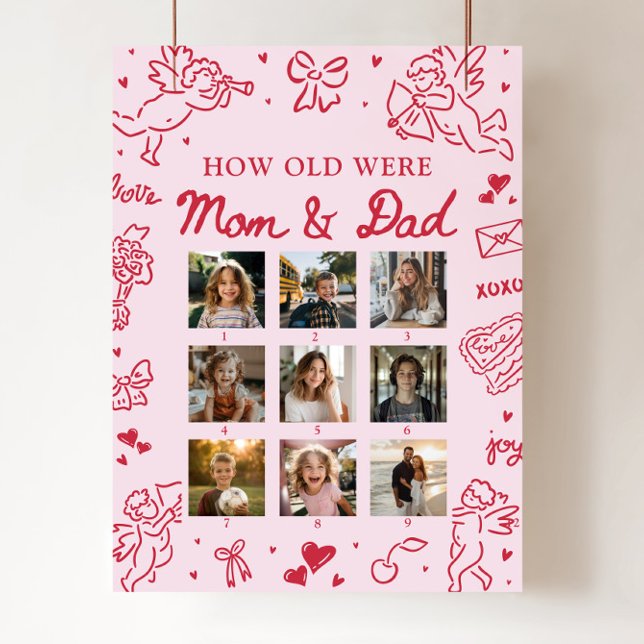 Modern Pink Hand Drawn How Old Were Mom & Dad Sign Poster (Modern Pink Hand Drawn How Old Were Mom & Dad Sign)