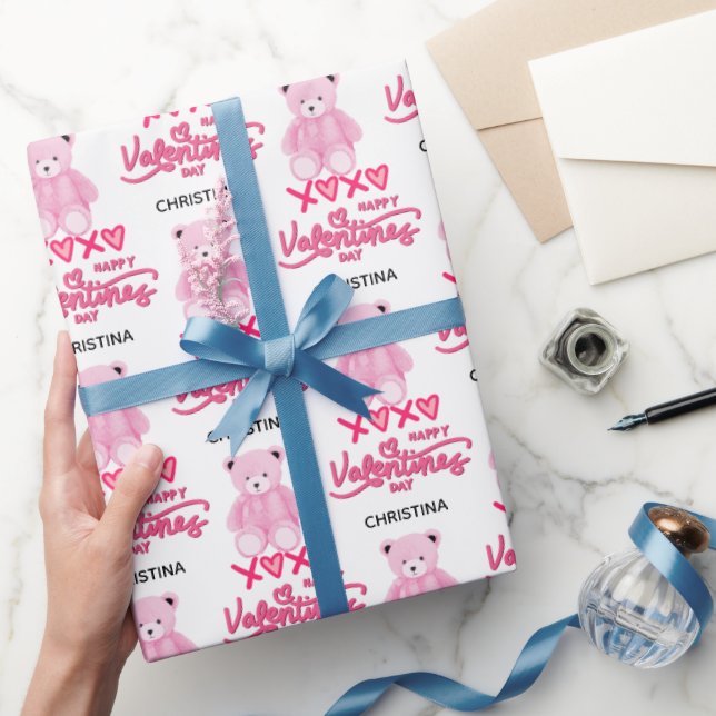 Modern Pink Happy Valentines Day Script Teddy Bear Geschenkpapier (Schenken)