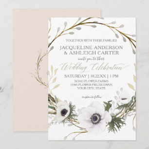 Modern Pink n White Twig Eukalyptus Wreath Wedding Einladung