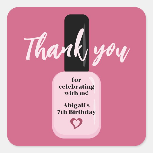 Modern Pink Nail Polnisch Danke Geburtstag Quadratischer Aufkleber (Vorderseite)