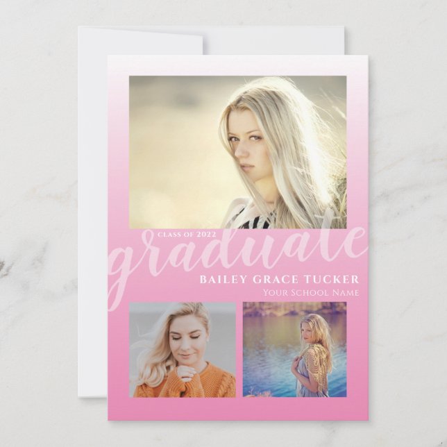 Modern Pink Ombre Graduate 3-Foto Abschluss Ankündigung (Vorderseite)