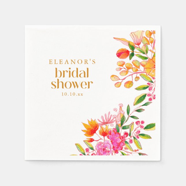 Modern Pink Orange Watercolor Flower Bridal Shower Serviette (Vorderseite)