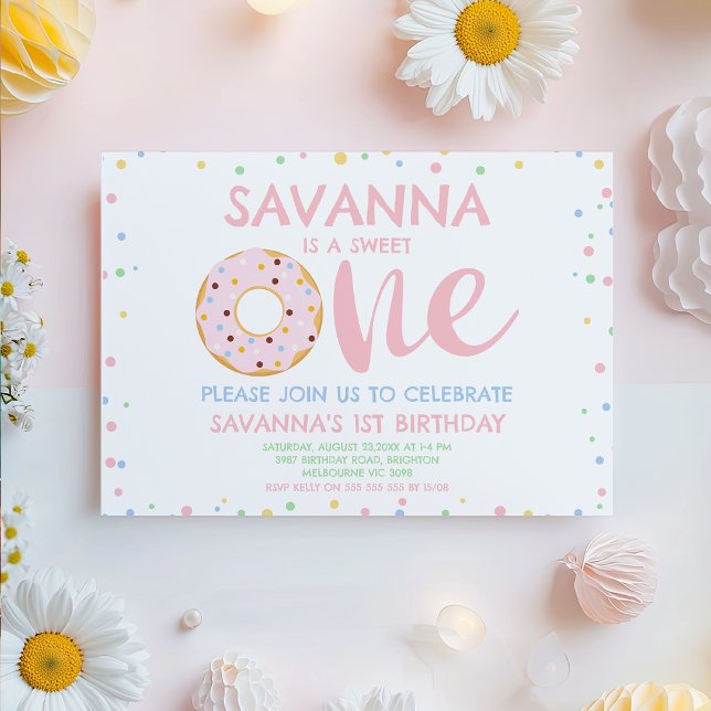Modern Pink Pastel Sweet Donut 1. Geburtstag Einladung (Sweet One 1st Birthday Invitation For Baby Girl, Donut 1st Birthday Invitation Template,
Modern 
)