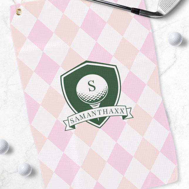 Modern Pink Pattern Green Golf Ball Name Monogram Golfhandtuch (Modern Pink Pattern Green Golf Ball Name Monogram Towel)