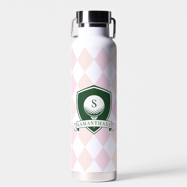 Modern Pink Pattern Green Golfer Name Monogram Trinkflasche (Vorne)