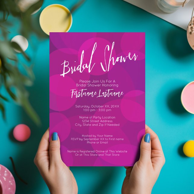 Modern Pink Purple Bokeh Wedding Bridal Shower Einladung (Modern Bridal Shower Invitation in Hot Pink and Purple)