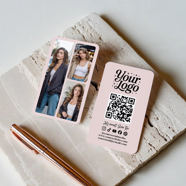 Modern Pink QR Code Social Media Icons Logo Photo Visitenkarte (Modern Pink QR Code Social Media Icons Logo Photo)