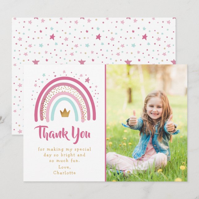 Modern Pink Rainbow Birthday Party Danke Karte (Vorne/Hinten)