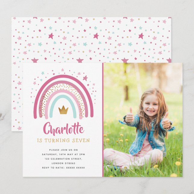 Modern Pink Rainbow Birthday Party Einladung (Vorne/Hinten)