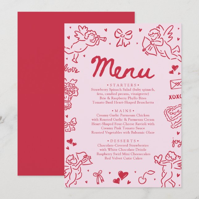 Modern Pink Red Hearts Hand Drawn Valentine Menu (Vorne/Hinten)