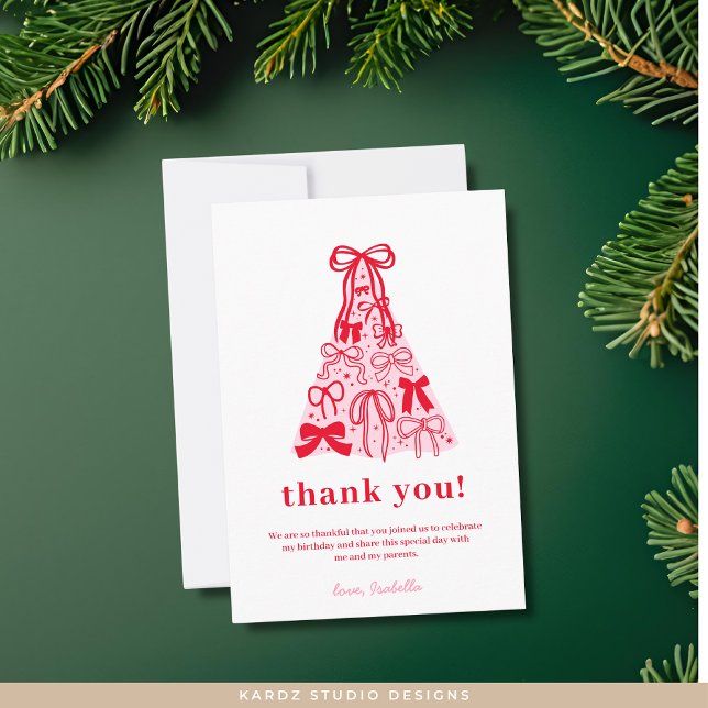 Modern Pink Red Tree Bow Birthday Dankeskarte (Flat Thank You Card shown in 3.5 x 5 inches. Choose size, paper type, and standard-high def. print)