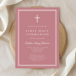 Modern Pink Religious Cross Girl First Communion Einladung