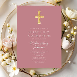 Modern Pink Religious Cross Girl First Communion Einladung