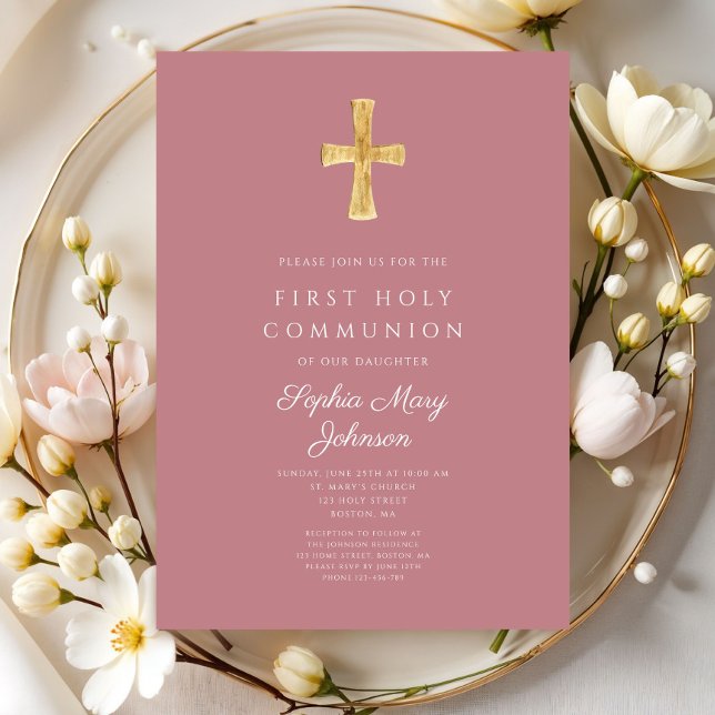 Modern Pink Religious Cross Girl First Communion Einladung (Modern Pink Religious Cross Girl First Communion Invitation)