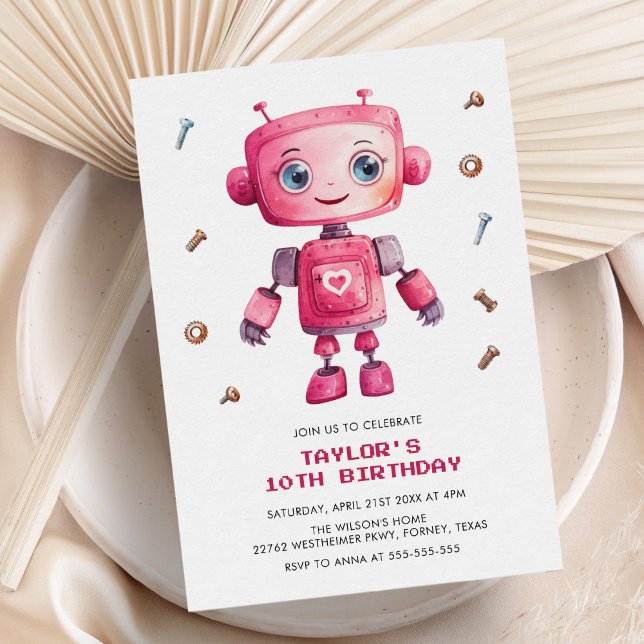 Modern Pink Robot Girl Birthday Party Einladung (Von Creator hochgeladen)