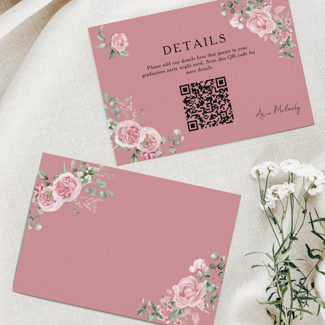 Modern Pink Roses QR-code Details Graduation Begleitkarte (Von Creator hochgeladen)