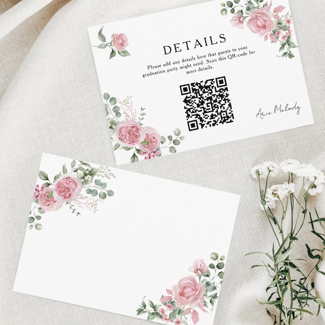 Modern Pink Roses QR-code Details Graduation Begleitkarte (Von Creator hochgeladen)