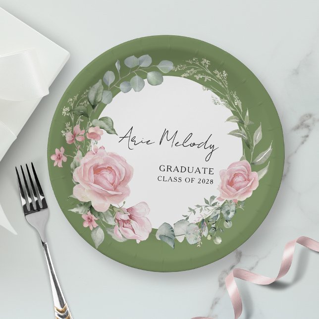 Modern Pink Roses Script Class of Graduation Pappteller (Von Creator hochgeladen)