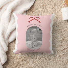 Modern Pink Scallop Red Bow Weihnachts-Foto Kissen