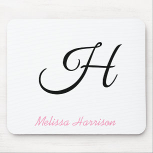 Modern Pink Script Black Initial Monogram Name Mousepad