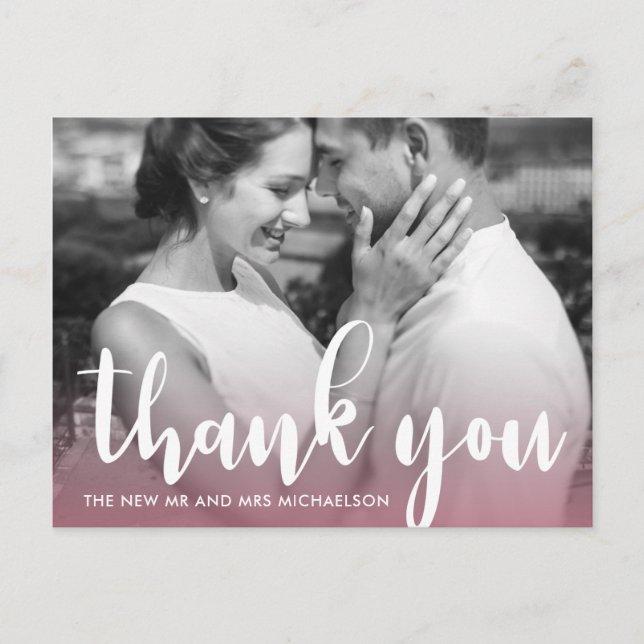 Modern Pink Simple Script Wedding Foto Vielen Dank Postkarte (Vorderseite)