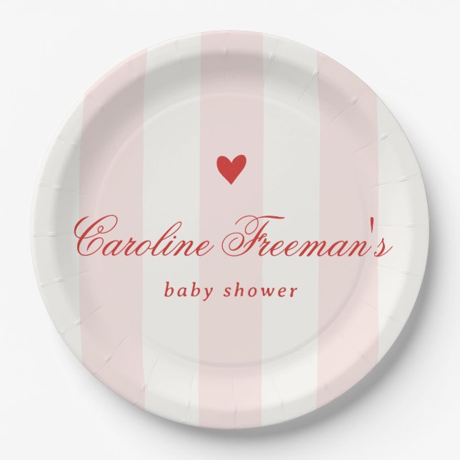 Modern Pink Stripe Heart Valentine Baby Shower Pappteller (Vorderseite)